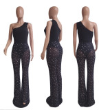 Slash Neck Mesh Patchwork Print Jumpsuit QYXZ-9921