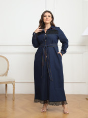 Plus Size Tassel Long Sleeve Denim Maxi Dress GDAM-218336