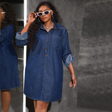 Plus Size Loose Lapel Denim Midi Dress GDAM-218638