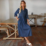 Plus Size Denim Stand Collar Button-Up Long Sleeve Dress GDAM-218523