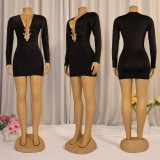 Deep V Neck Long Sleeve Bodycon Dress GZIY-6372