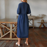 Plus Size Denim Stand Collar Button-Up Long Sleeve Dress GDAM-218523