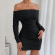Off Shoulder Solid Color Ruched Mini Dress YMYF-9542
