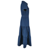Denim Short Sleeve Lapel Maxi Dress GDAM-218580