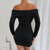 Off Shoulder Solid Color Ruched Mini Dress YMYF-9542
