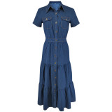 Denim Short Sleeve Lapel Maxi Dress GDAM-218580