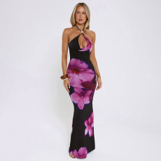 Sexy Print Cross Halterneck Fishtail Dress GDSF-D25DS572