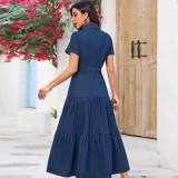 Denim Short Sleeve Lapel Maxi Dress GDAM-218580