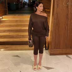Off Shoulder Long-sleeve Top Seven-Tenths  Pants Set MXBF-J25ST373