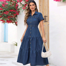Denim Short Sleeve Lapel Maxi Dress GDAM-218580