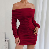 Off Shoulder Solid Color Ruched Mini Dress YMYF-9542