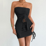 Solid Color Drawstring Tube Top Two Piece Skirts Set YMYF-9551