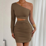 Slash Shoulder Long Sleeve Hollow Out Mini Dress YMYF-9539