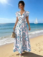 Print Short Sleeve Tie Up Maxi Dress GYOU-606