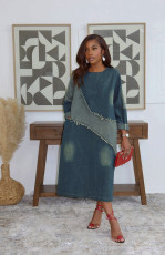 Contrast-Color Patchwork Loose Denim Midi Dress GYLN-0607