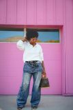 Plus Size Retro Faux Two-piece Micro Flared Jeans GYLN-4899