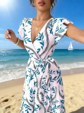 Print Short Sleeve Tie Up Maxi Dress GYOU-606