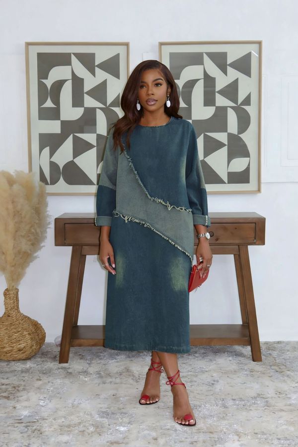 Contrast-Color Patchwork Loose Denim Midi Dress GYLN-0607
