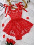Red Heart Mesh Irregular Pearl Backless Nightgown Set YQ-W885