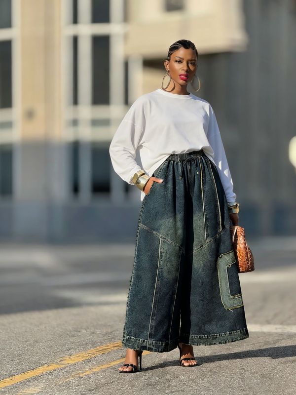 Plus Size Retro Patchwork Wide-Leg Jeans GYLN-2532