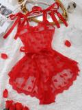 Red Heart Mesh Irregular Pearl Backless Nightgown Set YQ-W885
