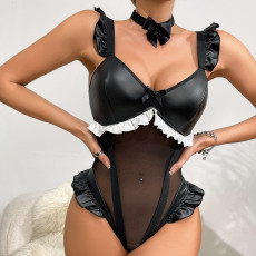 Sexy Sling Leather Bodysuit(With Bow) YQ-8230