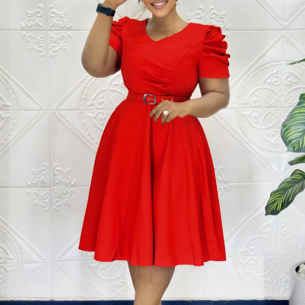 Plus Size V Neck Ruched Midi Dress GCZF-8616