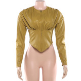 Solid Color Ruched Leather Coats DLSF-K25L88954