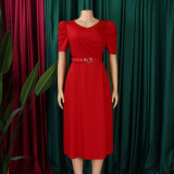 Plus Size V Neck Ruched Midi Dress GCZF-8616