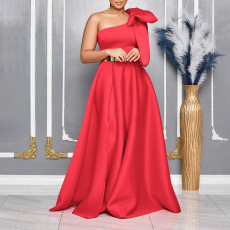 Plus Size Slash Shoulder Bow Maxi Dress GCZF-8613