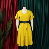 Plus Size Ruffles V Neck Midi Dress GCZF-8627