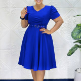 Plus Size V Neck Ruched Midi Dress GCZF-8616