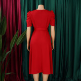 Plus Size V Neck Ruched Midi Dress GCZF-8616
