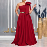 Plus Size Slash Shoulder Bow Maxi Dress GCZF-8613