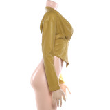 Solid Color Ruched Leather Coats DLSF-K25L88954