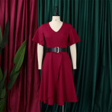 Plus Size Ruffles V Neck Midi Dress GCZF-8627