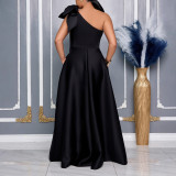 Plus Size Slash Shoulder Bow Maxi Dress GCZF-8613
