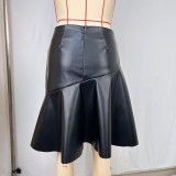 Solid Color Patchwork PU Leather Skirts GPBY-SK732