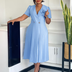 Plus Size Solid Color Press Size Midi Dress GCZF-8628