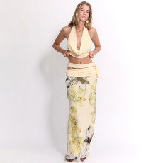 Backless Halterneck Tops Print Long Skirt 3 Piece Set XEF-K25S67406