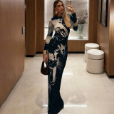 Long Sleeve Print Slim Maxi Dress XEF-K25D76745