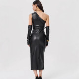 Slash Shoulder Leather Tight Split Midi Dress GPBY-17136