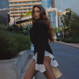 V Neck Lace Patchwork Long Sleeve Bodysuit XEF-K24K52760