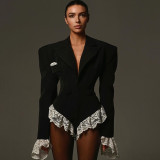 V Neck Lace Patchwork Long Sleeve Bodysuit XEF-K24K52760