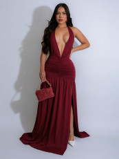 Halterneck Deep V Neck Ruched Split Maxi Dress SFY-631