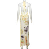 Backless Halterneck Tops Print Long Skirt 3 Piece Set XEF-K25S67406