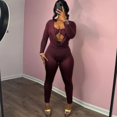 Solid Color Wrap Chest Long Sleeve Jumpsuit XEF-K25Q77505