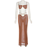 See Through Tie Up Tops Long Skirt 2 Piece Set XEF-K24S44749