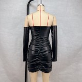 Off Shoulder Ruched Leather Mini Dress GPBY-DS175