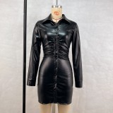 Long Sleeve Pleated Leather Mini Dress GPBY-DS171